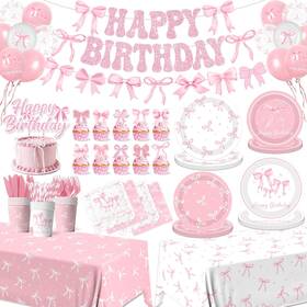 Pymurod 717325380280 Pink Bow Birthday Party Supplies Serve 24 Coquette Decorations Incl