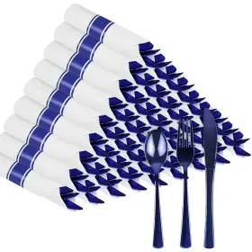 Cutlery2024 Pyntop 60pack Blue Pre Rolled Plastic Silverware Wrapped Disposable Cutlery With N