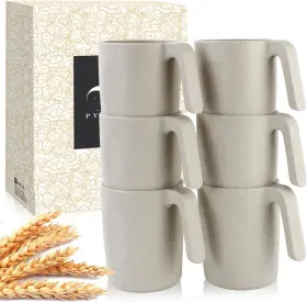 Pt05 Pyrmont Wheat Straw Cups-mug Set Of 6 Reusable 16 Oz With Handles Beige