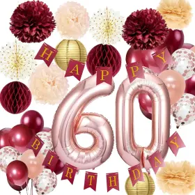 Bcg-hb-60 Qians Party 60th Birthday Decorations For Women Burgundy Rose Gold
