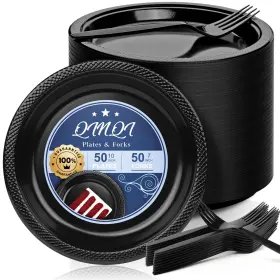 Qinqi 768771956666 Black Plastic Plates With Forks Party Supplies 10 Inch Dinner And 7.08