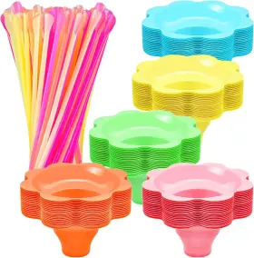 Qinsihwn 445051852827 200 Pcs Colorful Snow Cone Cups With Spoon Straws Flower Shaped Ice Cream Cup Pl