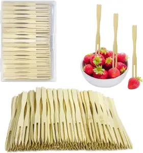 521250 Quadafy Mini Bamboo Forks 3.5 Inch With Storage Case - Cocktail Toothpicks For A
