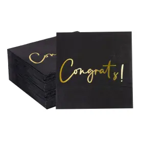Quera 752710080222 Congratulations Cocktail Napkins 50 Pack Gold Foil Congrats Black Paper Napk