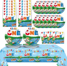 Qy0350 Qyeahkj Ofishally One Birthday Party Supplies Serves 24 Gone Fishing Multiple Colors