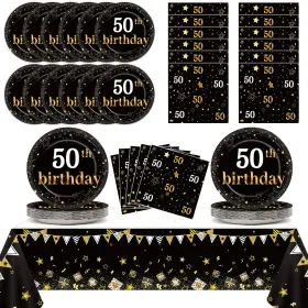 Qy0355 Qyeahkj 50th Birthday Party Supplies Serves 24 Black And Gold 50 Years Old Paper P