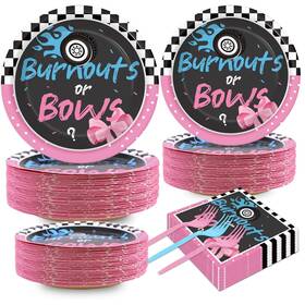 Qyeahkj Qy0611 50 Guests Burnouts Or Bows Gender Reveal Plates And Napkins Party Pink Blue