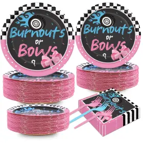 Qy0611 Qyeahkj 50 Guests Burnouts Or Bows Gender Reveal Plates And Napkins Party Pink Blue