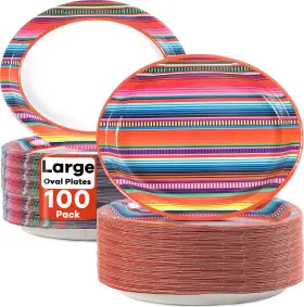 Qy0840 Qyeahkj 100 Pcs Mexican Serape Fiesta Oval Paper Plates 11 Inch Large Disposable Colorful St