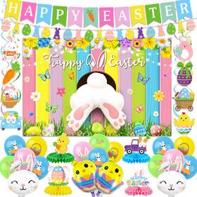Qzhuaju Easter1225 Easter Decorations For Home Happy Banner Buuny Backdrop Chick Balloons