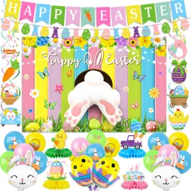 Easter1225 Qzhuaju Easter Decorations For Home Happy Banner Buuny Backdrop Chick Balloons