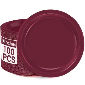 Dailyplates100-wine Qzyl 100 Pcs Disposable Plates Burgundy Paper 9 Inch Sturdy Round Din