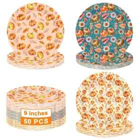Lk-25thanksplates50-2 Qzyl 50 Pcs Fall Thanksgiving Plates 3 Styles 9 Inch Decorations Dispos