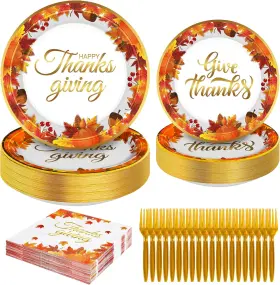 Lk-25thanksplatesset24-2 Qzyl 96 Pcs Thanksgiving Plates Set 9 Inch And 7 Paper Napkins