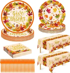 Lk-25thanksplatesset30 Qzyl 122 Pcs Thanksgiving Dinnerware Set Disposable Paper 9 Inches Orange