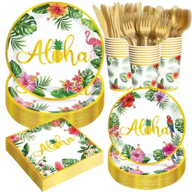 Lk-hai-plates25 Qzyl 168pcs Hawaiian Party Plate Tableware Set Disposable Dessert Plates