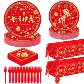Lnewyearpaperplates4-30 Qzyl 122 Pcs Chinese New Year Decorations 2026 Disposable Red Paper Plates