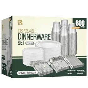 R-kay 702367652785 600pcs Silver Plastic Dinnerware Set 100 Guest Plates For Par