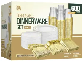 R-kay 702367652792 600pcs Plastic Dinnerware Set 100 Guest Gold Plates For Party