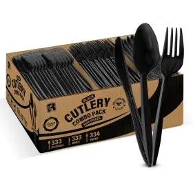 R-kay 702367653065 1000 Pcs Black Plastic Utensils Set - Forks Spoons And Knives M