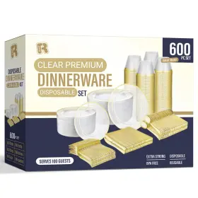 R-kay 702367654031 600pcs Dinnerware Set For 100 Guests - Heavy Duty Gold Trimmed Clear Plastic