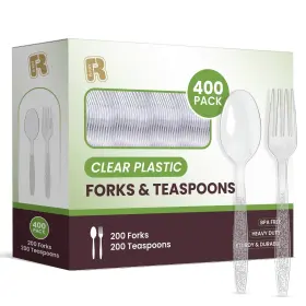 R-kay 702367654499 400 Count Plastic Silverware Heavy Duty - Clear Forks And Spoons Set