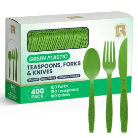 R-kay 702367657209 400 Pcs Green Plastic Silverware Heavy Duty Forks Spoons And Knives Set - Bp