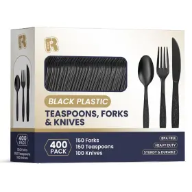 R-kay 702367657223 400 Pcs Black Plastic Silverware Heavy Duty - Forks Spoons And