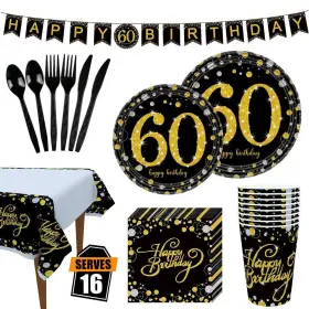 Rainmae 658645993366 60th Birthday Party Supplies Tableware Set - Serves 16 Guest-plates Cups Na