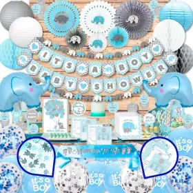 Rainmeadow 767571744855 All-in-one Elephant Baby Shower Decorations For Boy - Blue Theme 697 Pcs Set