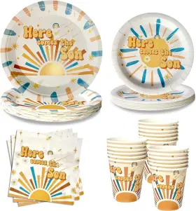 Yk528618 Raspati Here Comes The Son Baby Shower Decorations Include Paper Plates Napkins Sun1