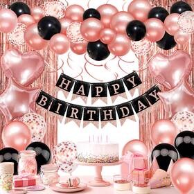 Recosis 1265-usr Rose Gold Black Birthday Decorations - Happy Banner Confetti Balloons Fring