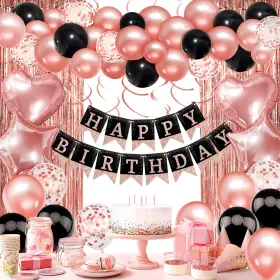 1265-usr Recosis Rose Gold Black Birthday Decorations - Happy Banner Confetti Balloons Fring