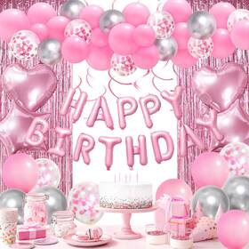 Recosis 1266-usr Pink Birthday Decorations - Happy Banner Confetti Balloons Fringe