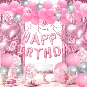 1266-usr Recosis Pink Birthday Decorations - Happy Banner Confetti Balloons Fringe