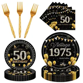 Ref1150 Refavor 50th Party Tableware Set - 96pcs Black Gold 1974 Birthday Decorations Suppl