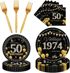 Ref1213 Refavor 50th Party Tableware Set - 96pcs Black Gold 1974 Birthday Decorations Suppl