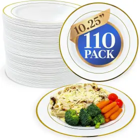 Reli. 313106138134 110 Pcs Plastic Dinner Plates Disposable 10.25 Inch White With Gold Rim H