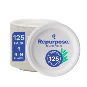 Repurpose Compostables 850006581856 9 Inch Compostable Plates 125 Count Heavy Duty Microwave Safe Plantbas
