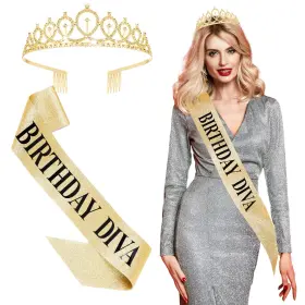 Cht-retrowavy-420 Retrowavy Birthday Diva Sash Rhinestones Tiara Women Decoration Kit Gold 2 Pack