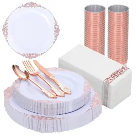 Rf-230531 Rfsldun 350pcs Rose Gold Plastic Dinner Plates Disposable Lace Cutlery Inch