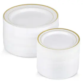 Goldrim100 Ricpok 200 Piece Plastic Party Plates White Gold Rim 100 Premium Heavy Duty 10.25 I