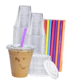 Rikkel Corp. 810085794790 100 Count Clear Cups With Flat Lids And Straws - Disposable 12 Oz
