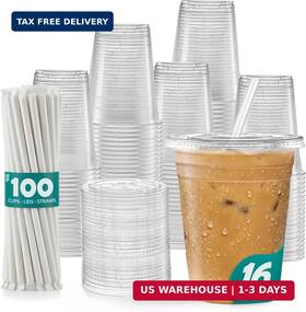 Rikkel Corp. 810085799009 Gusto - 16 Oz 100 Sets Clear Plastic Cups With Lids And Straws Disposable