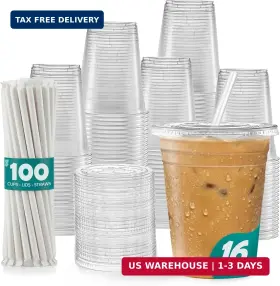 Rikkel Corp. 810085799009 Gusto - 16 Oz 100 Sets Clear Plastic Cups With Lids And Straws Disposable