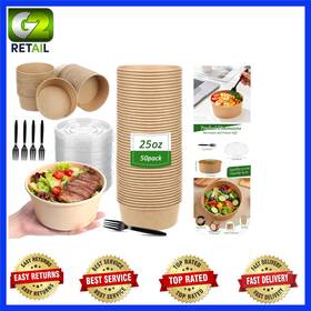 Ritzy-us Bh104 50 Pack 25 Oz Paper Bowls Disposable Soup With Lids And Forks To Go Salad