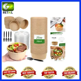 Bh104 Ritzy-us 50 Pack 25 Oz Paper Bowls Disposable Soup With Lids And Forks To Go Salad Bh104 Ritzy-us 50 Pack 25 Oz Paper Bowls Disposable Soup With Lids And Forks To Go Salad