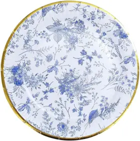 Round Paper Plates 445011771717 25 Blue 7 Inch Floral Gold Rim Party Events Tableware Supplies