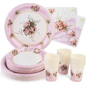 Royal Bluebonnet 850017555051 Paper Plates And Napkins Set Floral Design 24 Pieces Pink