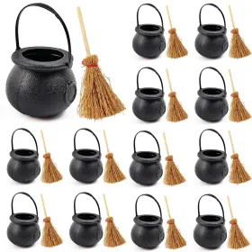Cwb-24 Royhoo Mini Plastic Cauldron With Witch Brooms Calderon Pot Black Buckets Handle For